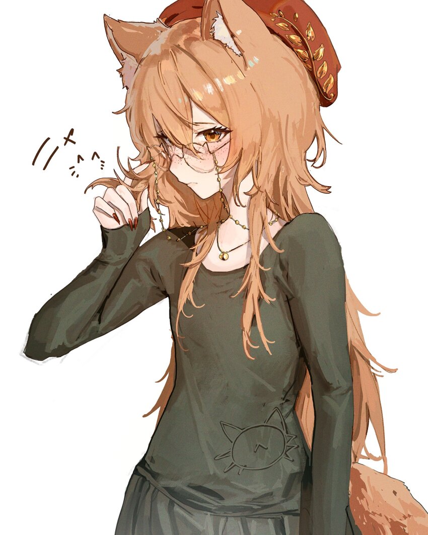 1girl animal_ear_fluff animal_ears animal_print black_shirt blush brown_eyes brown_hair cat_ears cat_print cat_tail clio_aite commentary english_commentary eyewear_strap fingernails freckles glasses hair_between_eyes hand_up hat heart highres jewelry long_bangs long_fingernails long_hair long_sleeves looking_at_viewer mn374390 nail_polish necklace phase_connect red_hat red_nails sharp_fingernails shirt simple_background solo tail upper_body variant_set very_long_hair virtual_youtuber white_background