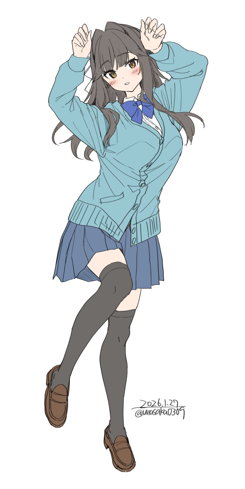 1girl absurdres black_thighhighs blue_bow blue_bowtie blue_cardigan blue_skirt blush bow bowtie breasts brown_eyes brown_hair cardigan collared_shirt full_body highres long_hair long_sleeves looking_at_viewer medium_breasts original parted_lips pleated_skirt school_uniform shirt shoes simple_background skirt solo thighhighs unasaka_ryou white_background white_shirt