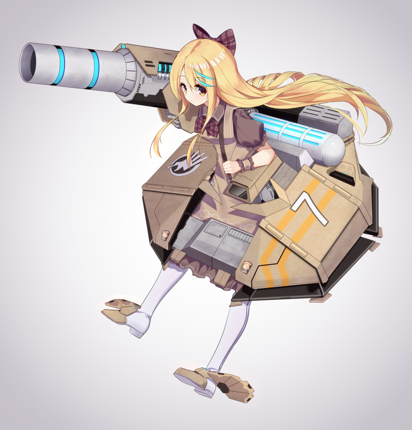 1girl blonde_hair bow bowtie brown_dress cannon command_&amp;_conquer command_&amp;_conquer:_tiberian_sun ddt_(darktrident) dress frills full_body global_defense_initiative grey_background highres long_hair looking_at_viewer mecha_musume multicolored_hair personification plaid_bow plaid_bowtie plaid_clothes plaid_neckwear puffy_short_sleeves puffy_sleeves shatterer_(ddt_(darktrident)) short_sleeves simple_background solo streaked_hair very_long_hair white_legwear wristband yellow_eyes
