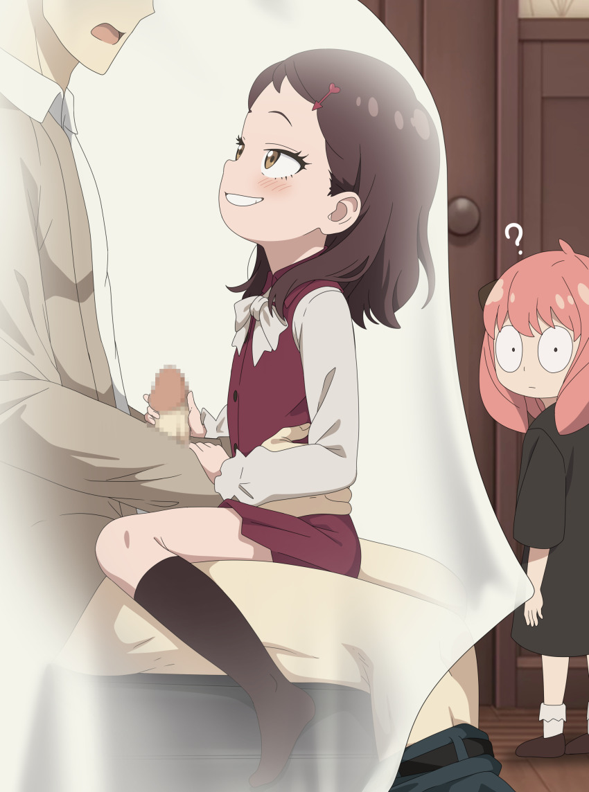1boy 2girls absurdres age_difference anya_(spy_x_family) becky_blackbell blush brown_hair censored eufoniuz hair_ornament heart heart_hair_ornament hetero highres loli mosaic_censoring multiple_girls penis penis_grab pink_hair short_hair smile socks spy_x_family surprised thighs twilight_(spy_x_family)