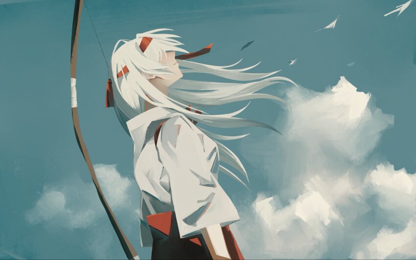 1girl blue_sky bow_(weapon) closed_mouth cloud commentary_request day from_side hair_over_eyes hakama headband highres japanese_clothes kantai_collection kimono long_hair looking_up outdoors profile red_hakama red_headband shoukaku_(kancolle) sky solo tasuki weapon white_hair white_kimono wind yukari_(yuyuyukari_20)