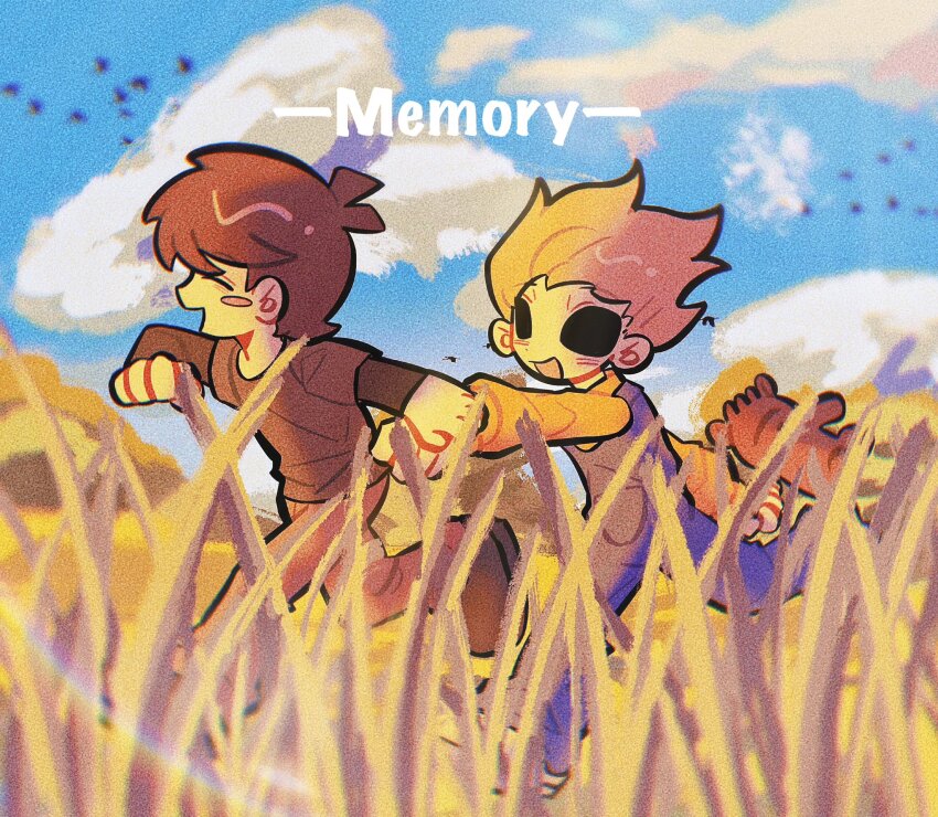 2boys ^_^ aged_down animification antenna_hair blue_overalls blush_stickers brown_hair child chinese_commentary closed_eyes cloud commentary_request edd_(eddsworld) eddsworld english_text film_grain from_side grass green_shirt hair_behind_ear highres holding_hands hollow_eyes immuir long_sleeves male_focus multiple_boys official_alternate_costume open_mouth outdoors overalls profile running shirt short_hair short_sleeves sky smile spiked_hair stuffed_animal stuffed_toy sweater swept_bangs teddy_bear thick_lineart tom_(eddsworld) tomee_bear_(eddsworld) yellow_sweater