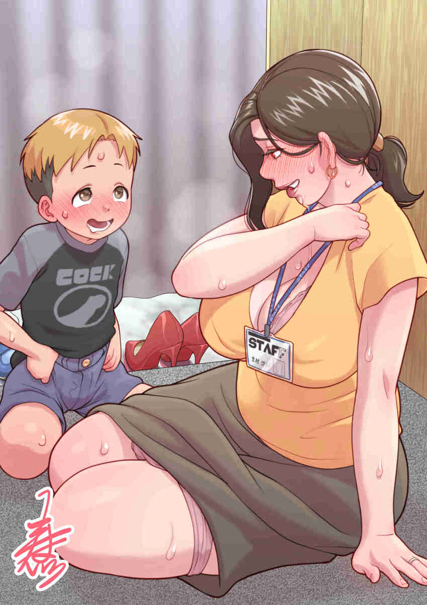 1boy 1girl age_difference blonde_hair blush bra breasts brown_eyes brown_hair ear_piercing earrings embarrassed huge_breasts japanese_text jewelry long_hair looking_at_viewer original panties piercing red_eyes ring short_hair shota sitting size_difference smile sweat underwear zuburoku