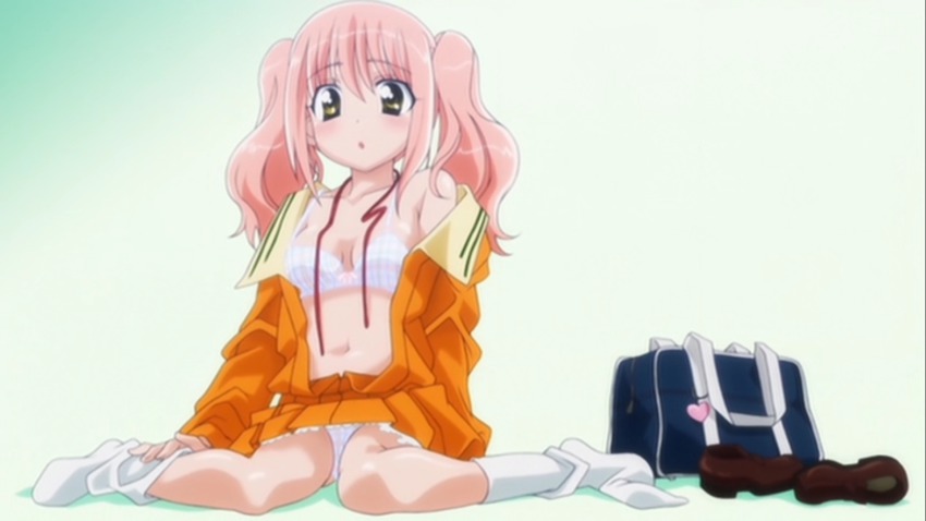 bad_tag :o anime_screenshot bag bare_shoulders blush bra breasts breasts_apart charm_(object) cleavage clothes_lift duffel_bag embarrassed fight_ippatsu!_juuden-chan!! gradient_background green_background hair_between_eyes heart highres kneehighs lace lace-trimmed_skirt lace_trim lingerie loafers loli long_hair midriff navel neck_ribbon off_shoulder open_clothes open_mouth open_shirt panties pantyshot pantyshot_(sitting) payot pink_hair plaid_bra plaid_clothes plaid_panties platform_shoes pleated_skirt ribbon school_bag school_uniform serafuku shadow shirt shoes sitting skirt skirt_lift small_breasts sock_pull socks solo surprised sweater tomonaga_iono twintails underwear undressing untied unworn_shoes upskirt wariza white_bra white_panties yellow_eyes