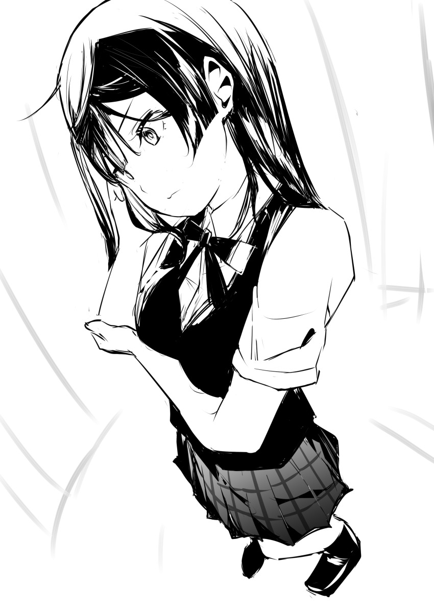 1girl absurdres arm_under_breasts breasts closed_mouth collared_shirt commentary_request from_above greyscale hand_on_own_cheek hand_on_own_face highres loafers long_hair love_live! love_live!_nijigasaki_high_school_idol_club medium_breasts monochrome neck_ribbon nijigasaki_school_uniform pleated_skirt ribbon school_uniform shirt shoes short_sleeves sidelocks skirt solo standing summer_uniform tommer vest yuki_setsuna