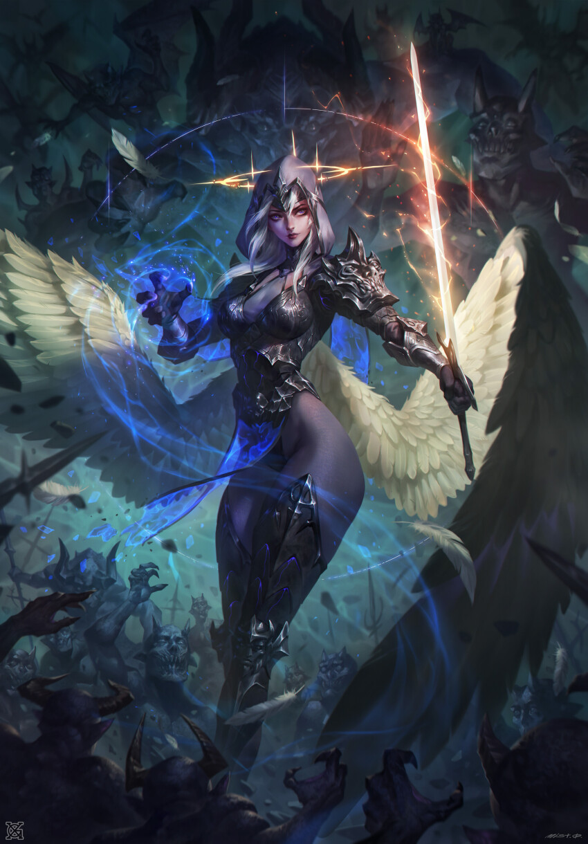 1girl 6+boys absurdres angel armor artist_request aura breasts claws debris demon energy fangs feathered_wings feathers groping_motion halo highres holding holding_weapon horns large_breasts lips magic multiple_boys muscular muscular_male official_art promotional_art rock scenery sword thighhighs veil weapon white_hair wingfox wings
