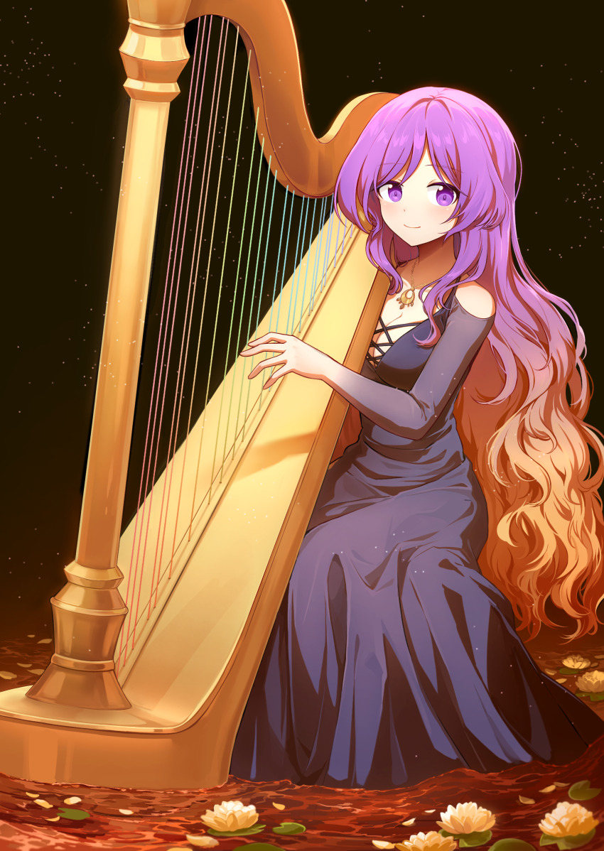 1girl absurdres alternate_costume black_dress blonde_hair breasts cleavage closed_mouth collarbone commentary dress flower gradient_hair harp highres hijiri_byakuren holding_harp instrument jewelry kaoling long_hair looking_at_viewer lotus multicolored_hair music necklace pendant playing_instrument purple_dress purple_eyes purple_hair smile solo touhou two-tone_hair very_long_hair water wavy_hair white_petals