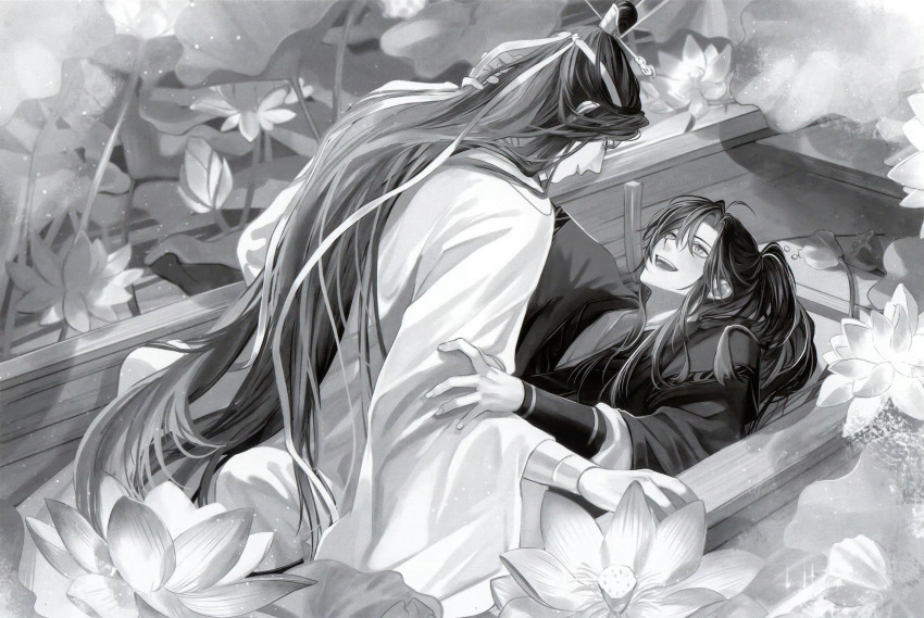 2boys ahoge bishounen blush boat chinese_clothes chinese_commentary commentary_request couple eye_contact flower greyscale hair_ornament hair_ribbon hand_in_another's_hair hand_on_another's_arm hanfu headband high_ponytail highres hug lan_wangji leaf light_particles long_hair long_sleeves looking_at_another lotus lotus_leaf lying male_focus mg_ms_dayo modao_zushi monochrome multiple_boys official_art on_back on_boat open_mouth outdoors ponytail ribbon robe sidelocks sitting smile tassel tassel_hair_ornament third-party_source topknot upper_body very_long_hair water watercraft wei_wuxian wide_sleeves xiao_guan_(headdress) yaoi