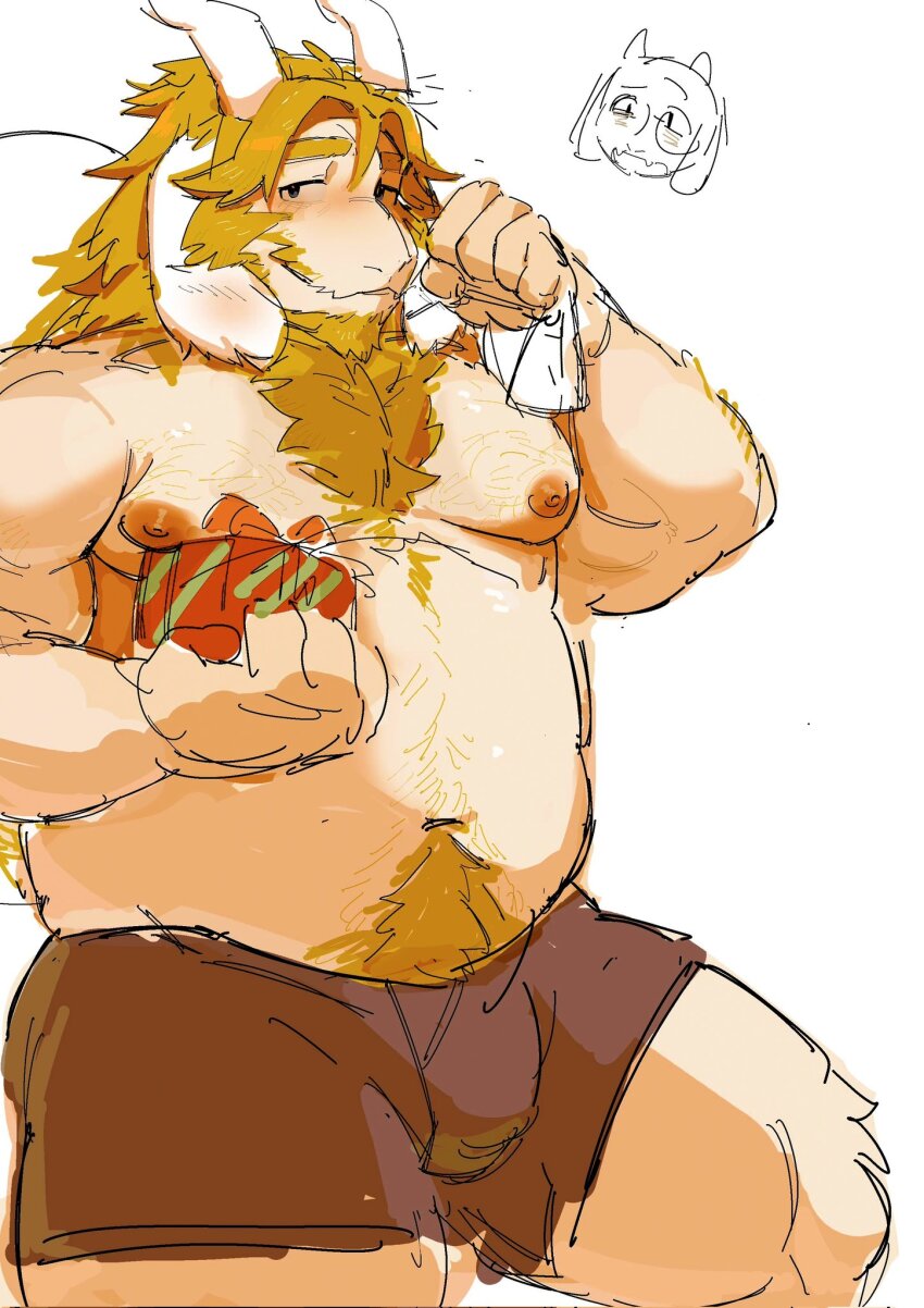 1boy 1girl artxtcy111 asgore_dreemurr bara belly blonde_hair blush box boxers bulge chest_hair chibi chinese_commentary commentary_request fat fat_man floppy_ears furry furry_male gift gift_box goat_horns highres holding holding_gift holding_sack horns looking_at_viewer male_underwear navel navel_hair nipples pectorals purple_male_underwear ribbon sack topless_male toriel undertale underwear utdr_(toby_fox) white_background white_fur