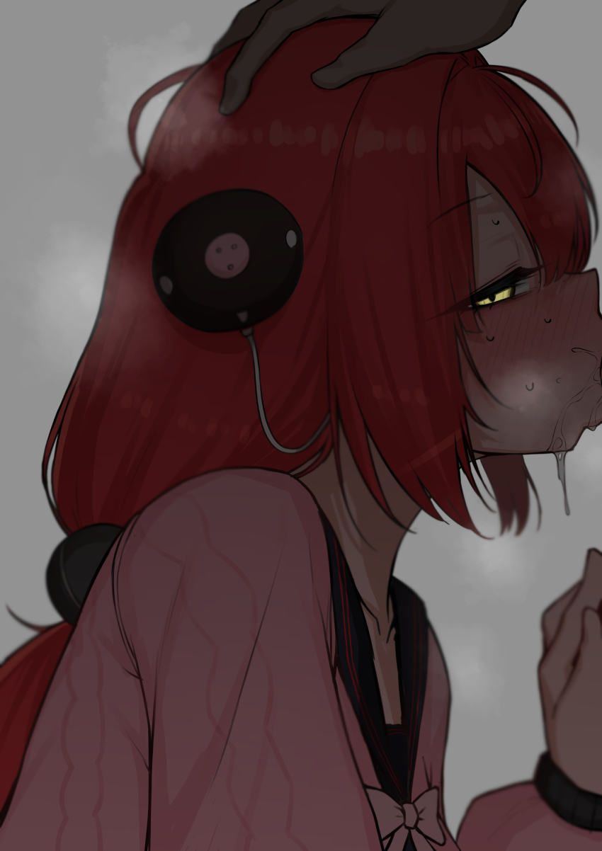 1boy 1girl braid braided_twintails cardigan cum cum_in_mouth cum_overflow fellatio from_side green_eyes hair_ornament hand_on_another's_head hearing_aid hetero highres long_hair looking_at_viewer mikage_77777 oral out-of-frame_censoring pink_cardigan red_hair simple_background sphere_hair_ornament ukinami_yuzuha zenless_zone_zero