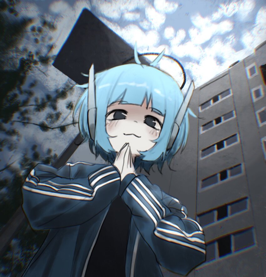 1girl :3 antenna_hair basketball_hoop black_eyes blue_hair building commentary english_commentary fake_halo from_below halo highres jacket long_sleeves looking_at_viewer looking_down mliko444 open_clothes open_jacket original outdoors own_hands_together robot_ears short_hair sky smile solo track_jacket