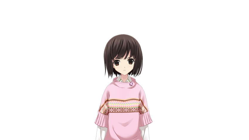 1girl annoyed bob_cut brown_eyes brown_hair chaos;child child collared_shirt game_cg highres looking_at_viewer matsuo_yukihiro non-web_source official_art pink_sweater pout science_adventure shirt short_hair solo sprite sweater swept_bangs tachibana_yui transparent_background white_shirt
