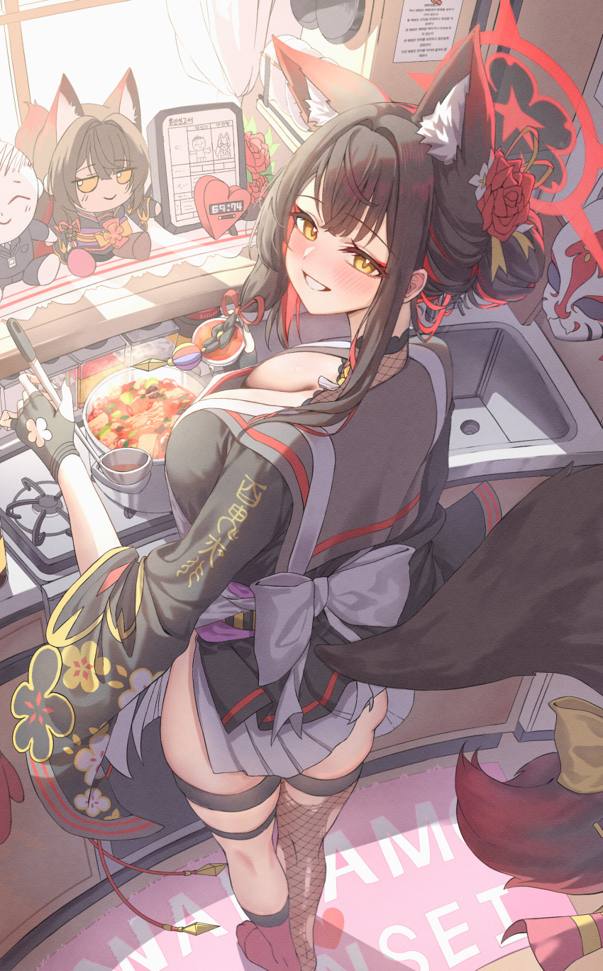 1girl absurdres animal_ear_fluff animal_ears black_kimono blue_archive breasts character_doll cleavage colored_inner_hair commentary_request cooking cooking_pot doll doodle_sensei_(blue_archive) eyeshadow floral_print_sleeves fox_ears fox_girl fox_tail from_above from_behind full_body gyu_chul halo highres holding holding_ladle japanese_clothes kimono kitchen ladle looking_at_viewer looking_back makeup multicolored_hair no_shoes red_eyeshadow red_halo sensei_(blue_archive) smile solo standing tail tail_ornament wakamo_(blue_archive) yellow_eyes
