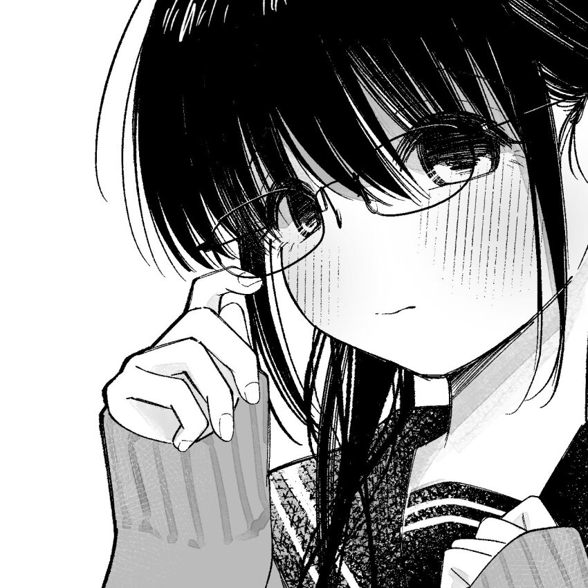 1girl blush closed_mouth commentary_request glasses greyscale hair_between_eyes halftone highres holding long_sleeves looking_at_viewer monochrome original sleeves_past_wrists solo sweater wanoumi
