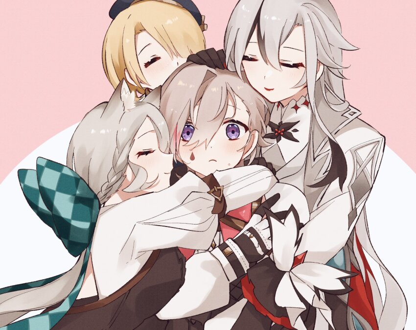 2boys 2girls animal_ear_fluff animal_ears aqua_bow arlecchino_(genshin_impact) beret black_corset black_gloves black_hair black_hat blonde_hair blush bow bowtie braid brother_and_sister brothers cat_ears closed_eyes closed_mouth commentary_request corset crossed_bangs eyelashes facial_mark freckles freminet_(genshin_impact) frown genshin_impact gloves grey_hair grey_jacket group_hug hair_between_eyes hair_bow hair_over_one_eye hand_on_another's_head hat highres hug jacket juliet_sleeves lapels long_hair long_sleeves looking_at_viewer low_ponytail lynette_(genshin_impact) lyney_(genshin_impact) multicolored_gloves multicolored_hair multiple_boys multiple_girls nekorin_chu one_eye_covered open_clothes open_jacket parted_bangs pink_background ponytail puffy_sleeves purple_eyes red_bow red_bowtie red_streaks shirt short_hair shrug_(clothing) siblings sidelocks single_braid sleeveless sleeveless_shirt smile streaked_hair swept_bangs teardrop_facial_mark twins two-tone_background two-tone_gloves u_u very_long_hair white_background white_gloves white_hair white_shirt white_shrug