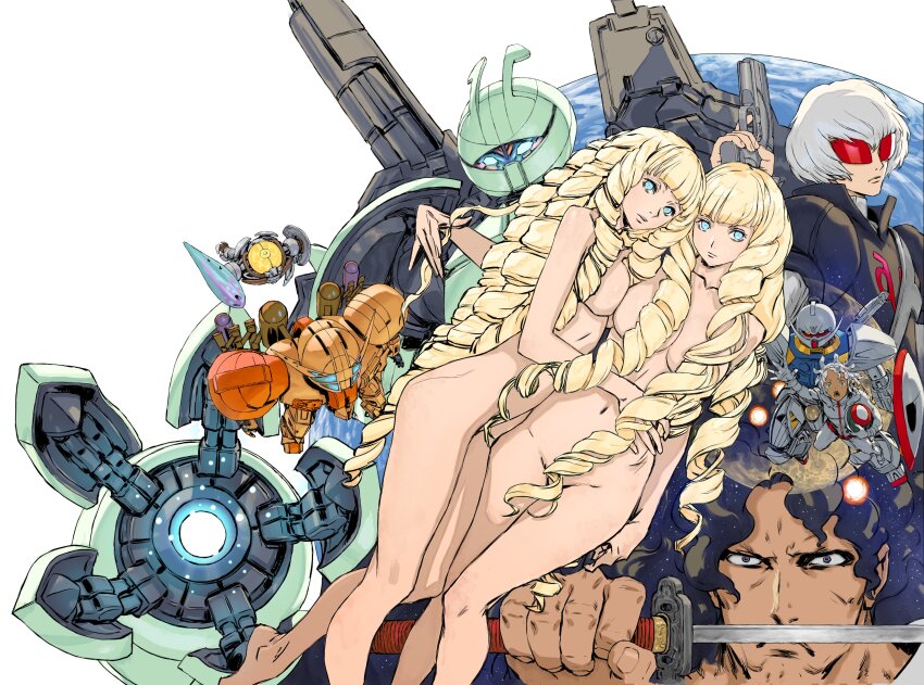 2girls 3boys absurdres blonde_hair blue_eyes blue_hair breasts commentary_request completely_nude convenient_censoring dianna_soreil drill_hair evil_eyes grey_hair gun gundam gym_ghingnham harry_ord highres holding holding_gun holding_sword holding_weapon katana kihel_heim large_breasts long_hair loran_cehack mahiroo mecha mobile_suit moon multiple_boys multiple_girls navel nude official_art purple_hair robot space sunglasses sword turn_a_gundam turn_a_gundam_(mobile_suit) turn_x very_long_hair weapon yasuda_akira