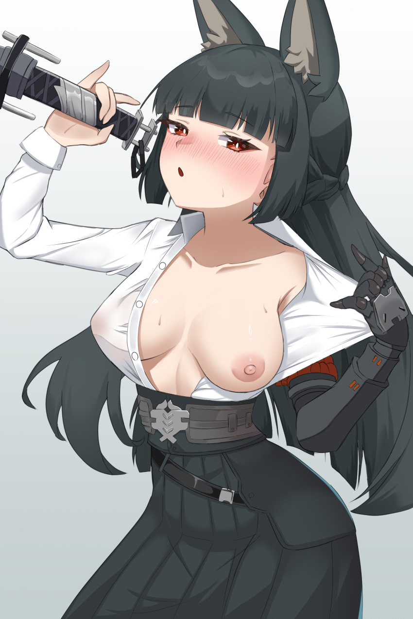 1girl absurdres animal_ears bernardo_(ggpa8423) black_hair black_skirt blush breasts collarbone fox_ears fox_girl highres holding holding_sword holding_weapon hoshimi_miyabi large_breasts long_hair looking_at_viewer open_mouth pleated_skirt red_eyes shirt skirt solo sword weapon white_shirt zenless_zone_zero