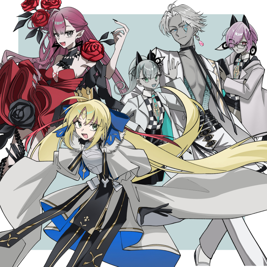 2boys 3girls ahoge armor armored_dress artoria_caster_(fate) artoria_caster_(third_ascension)_(fate) artoria_pendragon_(fate) baobhan_sith_(celebratory_attire)_(fate) baobhan_sith_(fate) bare_shoulders belt black_gloves blonde_hair blue_eyes blue_ribbon boy_vajra_(celebratory_attire)_(fate) boy_vajra_(fate) bracelet breastplate breasts capelet cleavage commentary_request crown detached_collar dress earrings facial_mark fate/grand_order fate_(series) faulds flower forehead_mark formal_clothes fur-trimmed_capelet fur_trim girl_vajra_(celebratory_attire)_(fate) girl_vajra_(fate) glasses gloves green_eyes grey_eyes grey_hair hair_bun hair_flower hair_ornament hair_ribbon highres indra_(celebratory_attire)_(fate) indra_(fate) jacket jewelry large_breasts long_hair long_sleeves looking_at_viewer multiple_boys multiple_girls necktie open_mouth pants parted_bangs pink_eyes pink_hair pointy_ears ponytail red_dress ribbon rose short_hair single_side_bun small_breasts smile suit thighs tokumori_ramen twintails white_capelet white_dress white_jacket white_pants white_suit wide_sleeves