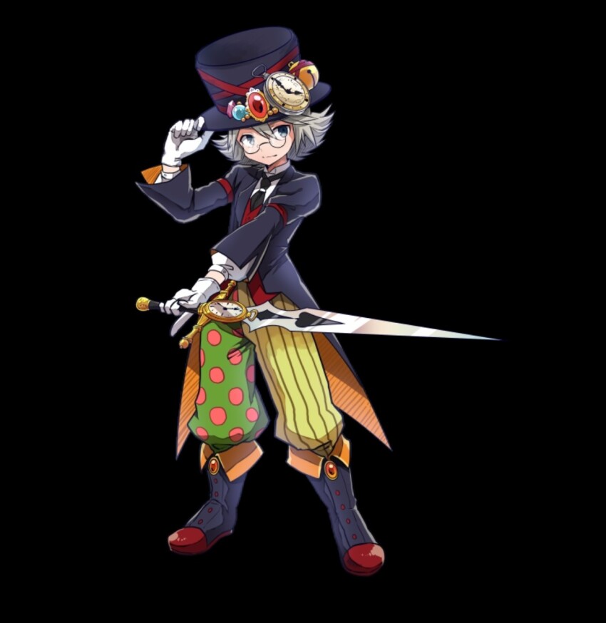 1boy black_background black_boots black_hat black_jacket black_necktie boots clock closed_mouth collared_shirt flipped_hair full_body glasses gloves grey_eyes grey_hair hand_on_own_hat hat highres holding holding_weapon jacket long_sleeves merc_storia merc_storia_art_team necktie odiel_(merc_storia) official_art pants polka_dot red_vest shirt simple_background solo standing striped_clothes striped_pants tachi-e top_hat vest weapon white_gloves white_hair white_shirt