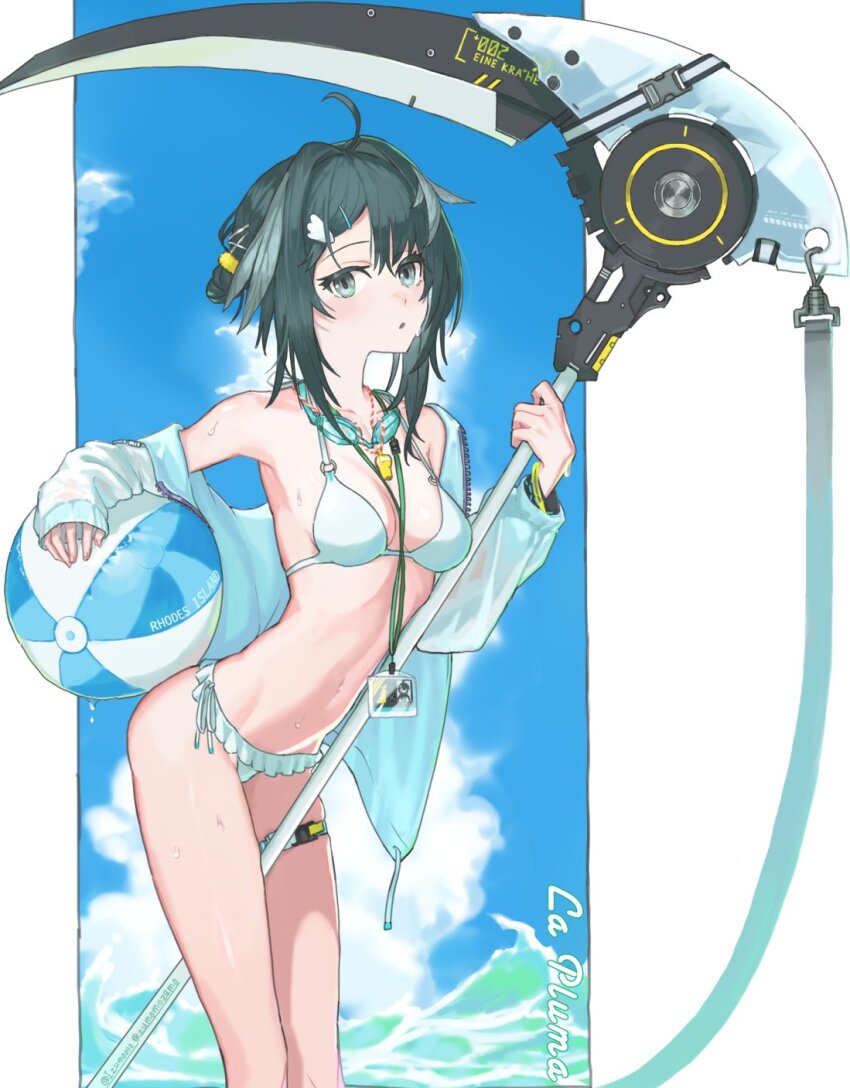1girl ahoge arknights ball beachball belt bikini black_hair blue_sky breasts buckle character_name cleavage cloud cloudy_sky commentary expressionless feather_hair feet_out_of_frame frilled_bikini frills goggles goggles_around_neck grey_eyes hair_intakes hair_ornament hairclip highres holding holding_ball holding_beachball holding_scythe id_card infection_monitor_(arknights) izumo_(ton_63) jacket la_pluma_(arknights) la_pluma_(summer_flowers)_(arknights) lanyard leaning_forward looking_at_viewer medium_breasts medium_hair navel o-ring o-ring_bikini o-ring_top ocean official_alternate_costume open_clothes open_jacket outside_border parted_lips scythe see-through_clothes see-through_sleeves side-tie_bikini_bottom skindentation sky sleeves_past_wrists snap-fit_buckle solo standing sweat swim_goggles swimsuit thigh_belt thigh_strap whistle whistle_around_neck white_bikini white_jacket wing_hair_ornament wristband x_hair_ornament