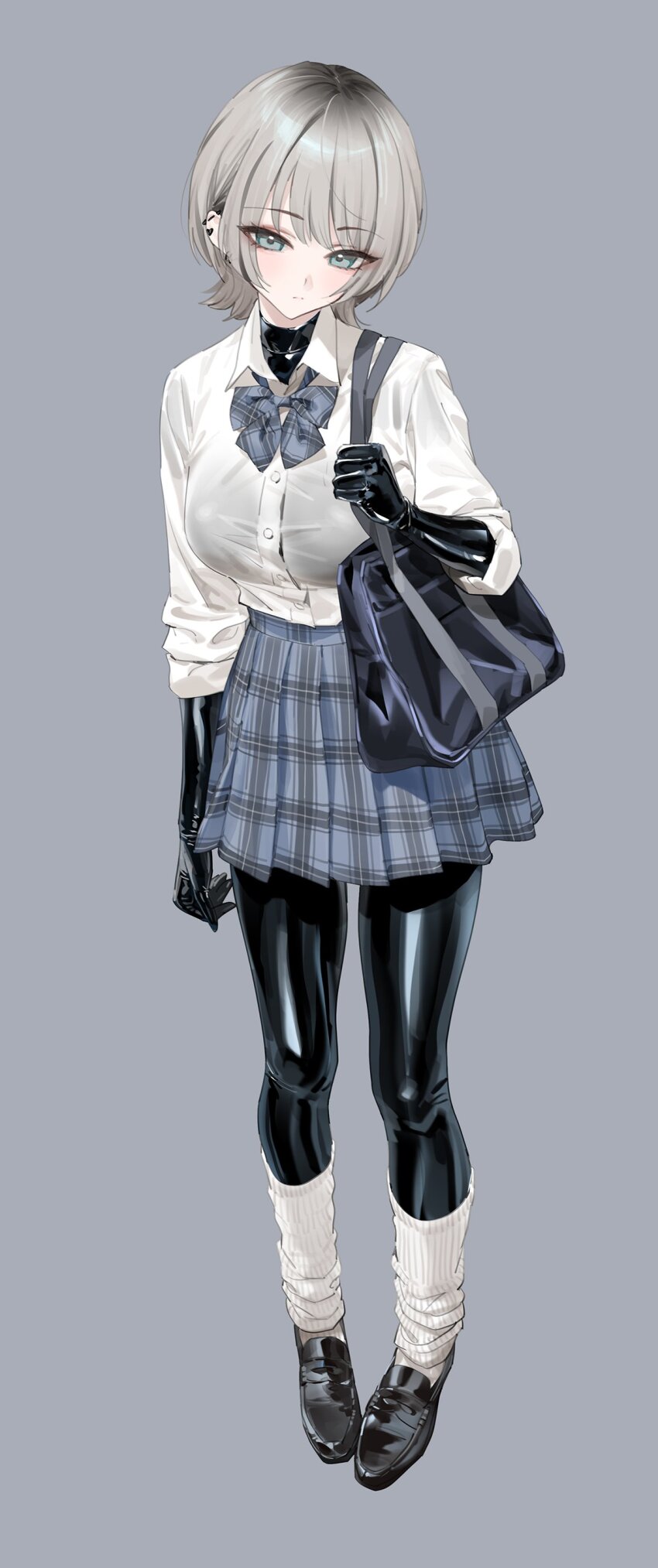 1girl absurdres black_bodysuit black_shoes blue_eyes blue_skirt blush bodysuit bodysuit_under_clothes bow bowtie breasts closed_mouth collared_shirt commentary ear_piercing english_commentary full_body grey_background grey_hair highres large_breasts latex latex_bodysuit long_sleeves looking_at_viewer original piercing plaid_clothes plaid_skirt pleated_skirt shirt shirt_tucked_in shoes short_hair simple_background skirt solo standing white_shirt yd_(orange_maru)