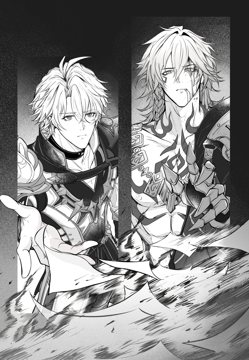 2boys abs absurdres antenna_hair arm_tattoo armlet armor black_coat black_shirt blood blood_from_mouth bloody_tears braid chest_tattoo chinese_commentary clawed_gauntlets coat commentary_request facial_tattoo flying_paper greyscale heimdallr57543 highres honkai:_star_rail honkai_(series) jewelry male_focus medium_hair monochrome multiple_boys mydei_(honkai:_star_rail) open_clothes open_coat paper pauldrons phainon_(honkai:_star_rail) shirt short_hair shoulder_armor side_braid single_pauldron tattoo toned toned_male white_coat