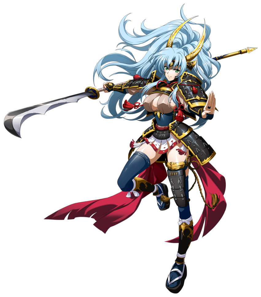 1girl arm_guards armor bandaged_weapon big_hair black_armor black_sandals blue_socks blue_thighhighs breasts brown_shirt cape cleavage closed_mouth dou fake_horns faulds floating_cape floating_clothes floating_hair forehead_protector framed_breasts full_body game_cg gold_trim green_eyes guan_dao helena_(langrisser) high_ponytail highres holding holding_polearm holding_weapon horned_headwear horns japanese_armor kusazuri lamellar_armor langrisser langrisser_mobile large_breasts leg_up long_hair looking_at_viewer miniskirt official_alternate_costume official_art outstretched_arm outstretched_hand platform_sandals polearm ponytail red_cape samurai sandals second-party_source shirt shoulder_armor sideboob simple_background skirt smile socks sode solo standing standing_on_one_leg stop_(gesture) suneate tabi tachi-e tassel thighhighs transparent_background vambraces very_long_hair waist_cape weapon white_skirt zettai_ryouiki