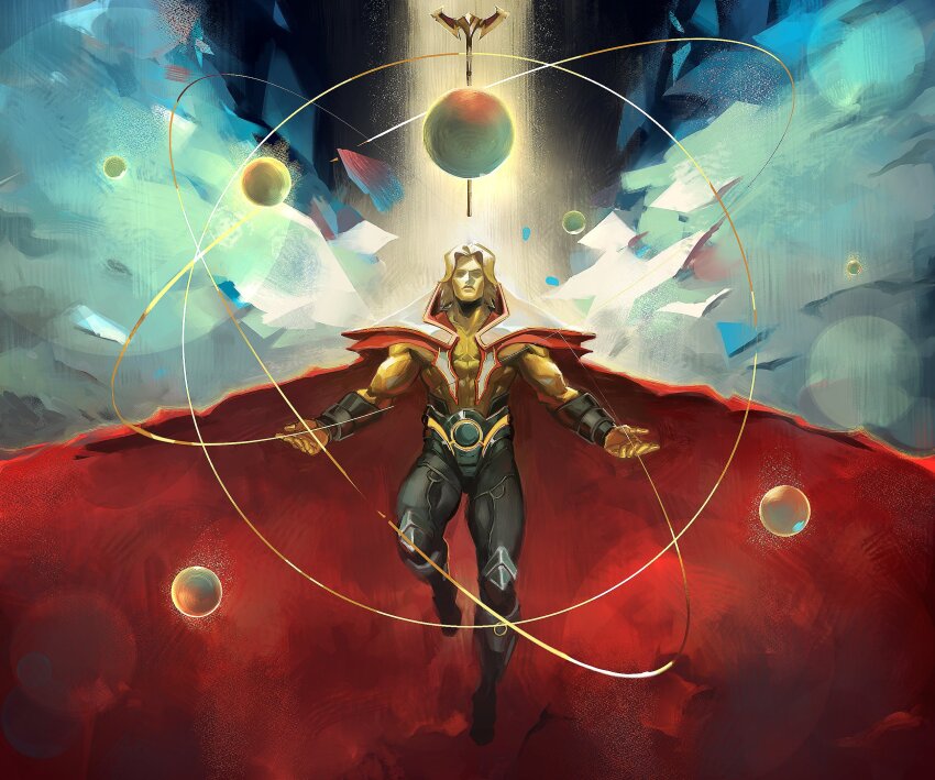 1boy abs adam_warlock bekomn black_pants blonde_hair cape colored_skin commentary english_commentary floating floating_cape guardians_of_the_galaxy highres male_focus marvel marvel_rivals muscular muscular_male orb pants red_cape short_hair solo staff yellow_skin