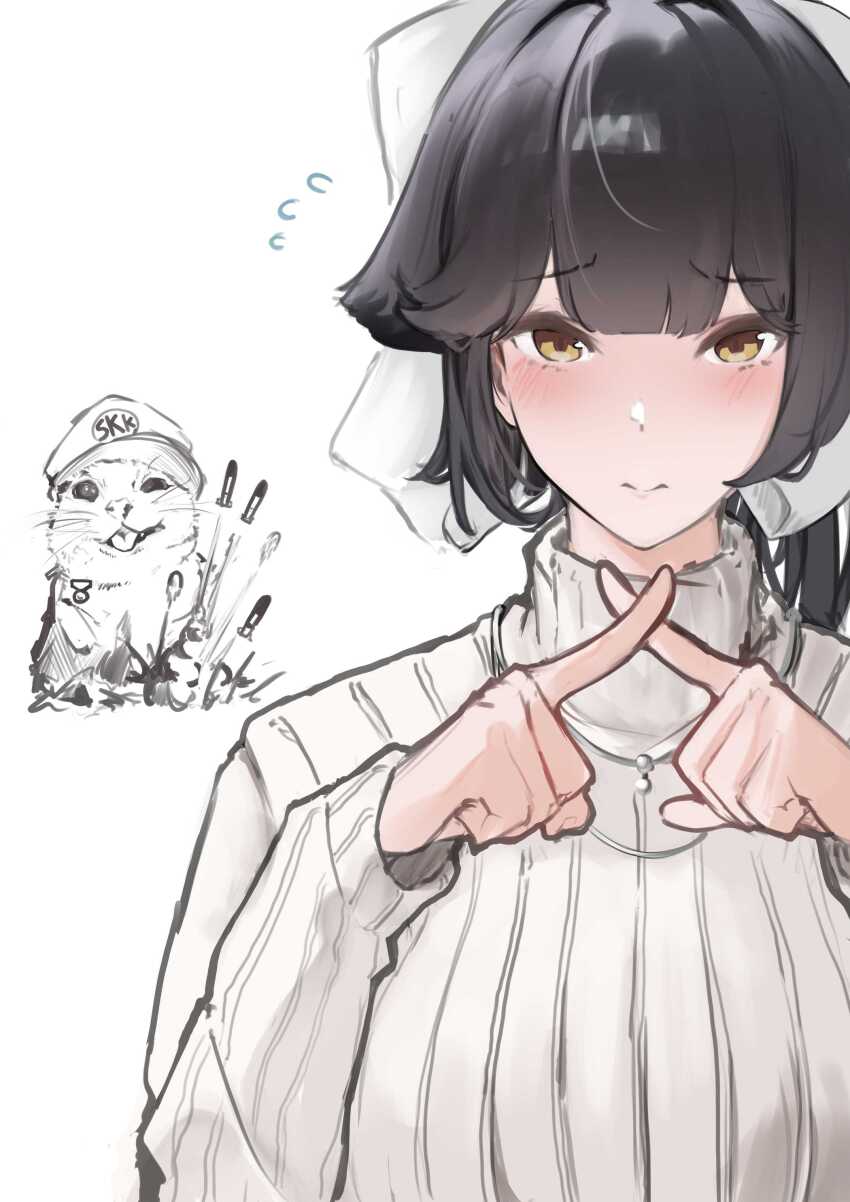 1girl absurdres azur_lane black_hair blush bow closed_mouth commentary english_commentary flying_sweatdrops hair_bow hands_up highres jewelry long_sleeves necklace official_alternate_costume raised_inner_eyebrows shy simple_background sweater takao_(azur_lane) takao_(inner_cultivation)_(azur_lane) upper_body weebchair white_background white_bow white_sweater x_fingers yellow_eyes