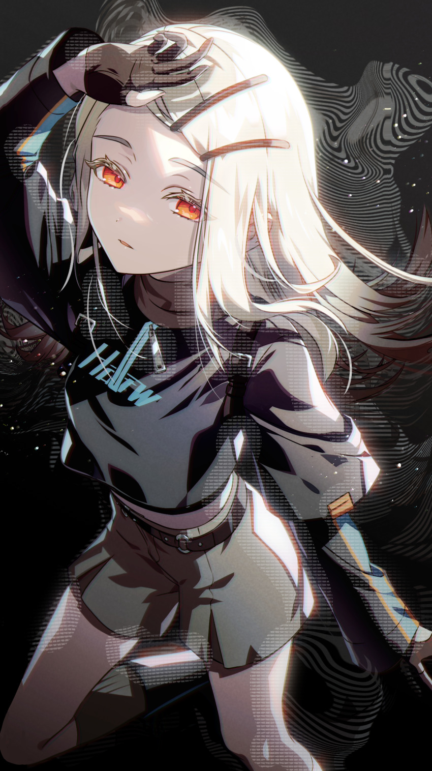 1girl arm_belt arm_up belt black_belt black_boots black_gloves black_shirt blonde_hair boots breasts clothes_writing colored_eyelashes commentary_request cropped_shirt expressionless feet_out_of_frame flipped_hair gakuen_idolmaster gloves gradient_hair grey_hair grey_shorts grey_socks hair_ornament hairclip hand_on_own_forehead hazuki_mizuho highres howling_over_the_world_(idolmaster) idolmaster kneehighs layered_sleeves long_hair long_sleeves looking_at_viewer medium_breasts midriff multicolored_hair orange_eyes parallel_hairclips parted_bangs parted_lips partially_fingerless_gloves shinosawa_hiro shirt short_over_long_sleeves short_sleeves shorts socks solo standing standing_on_one_leg zipper