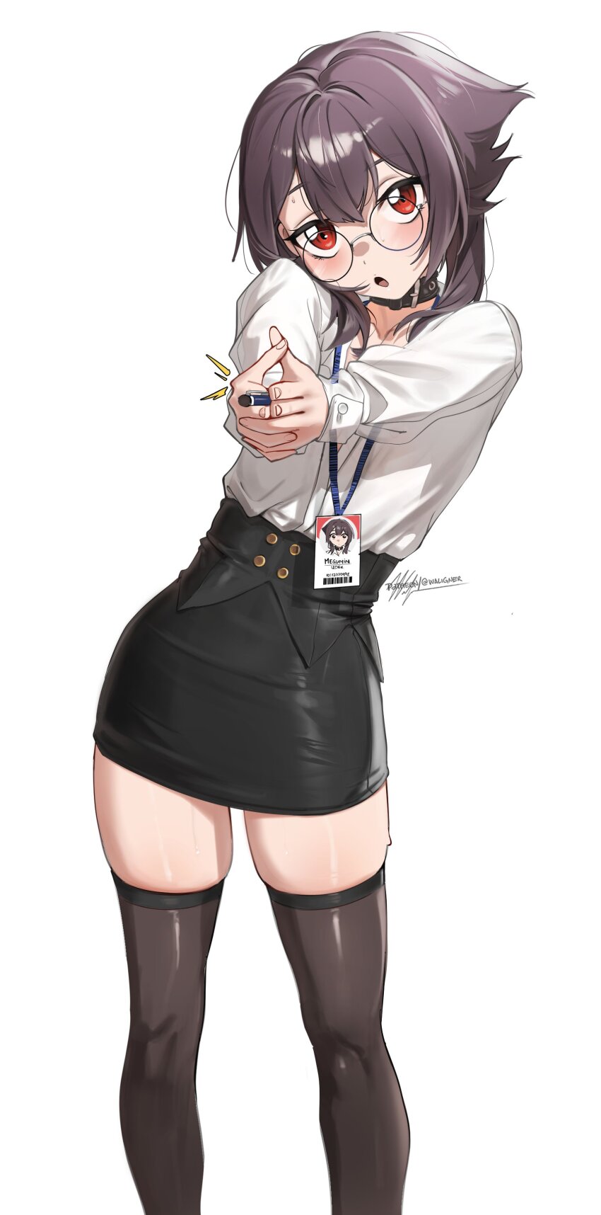 1girl absurdres black_collar black_skirt black_thighhighs brown_hair collar commentary contemporary english_commentary foreshortening formal_clothes glasses highres id_card kono_subarashii_sekai_ni_shukufuku_wo! lanyard megumin office_lady outstretched_arms pen pencil_skirt red_eyes round_eyewear shirt skirt skirt_suit solo suit thighhighs waligner white_shirt