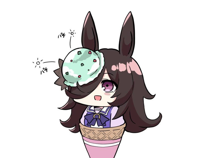 1girl :d animal_ears black_hair blush_stickers bow food food_in_hair food_on_hair food_on_head hair_over_one_eye horse_ears ice_cream ice_cream_cone in_food kawamochi_(kawauti919) long_hair object_on_head open_mouth puffy_sleeves purple_bow purple_eyes purple_shirt rice_shower_(umamusume) school_uniform shirt simple_background smile solo tracen_school_uniform translation_request umamusume very_long_hair white_background