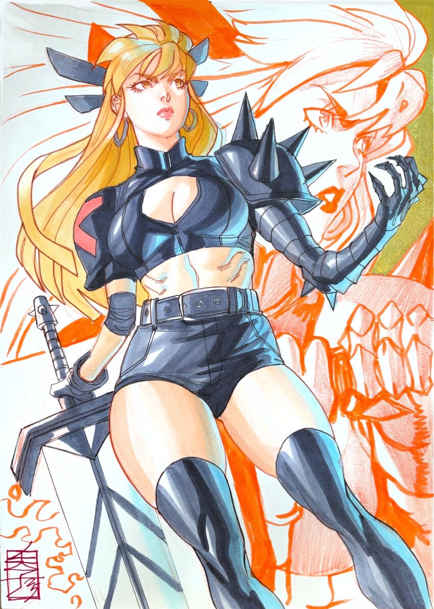 1girl acecore2k armor belt black_belt black_gloves black_shirt black_shorts black_thighhighs blonde_hair breasts cleavage cleavage_cutout clothing_cutout commentary commission earrings english_commentary gloves high-waist_shorts highres holding holding_sword holding_weapon hoop_earrings jewelry long_hair looking_to_the_side magik_(x-men) marker_(medium) marvel medium_breasts midriff new_mutants painting_(medium) pauldrons pen_(medium) planted planted_sword planted_weapon ribs shirt shorts shoulder_armor silver_earrings single_pauldron skindentation solo spiked_pauldrons spikes sword thighhighs traditional_media weapon x-men yellow_eyes