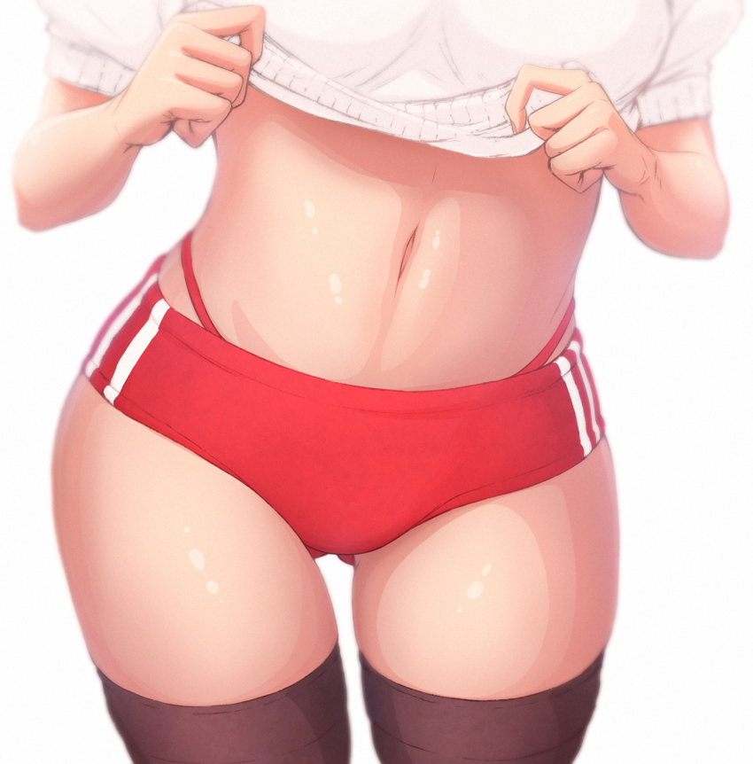 1girl breasts buruma bad_tag clothes_lift female_focus gluteal_fold gym_uniform highres imizu_(nitro_unknown) navel original shirt_lift simple_background solo standing tagme thigh_gap thighhighs white_background