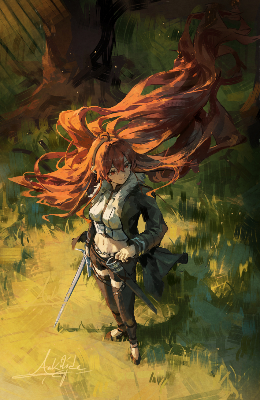 1girl absurdly_long_hair absurdres ahoge arkilide black_hairband breasts brown_jacket brown_shorts closed_mouth commentary crop_top day double-parted_bangs english_commentary eris_greyrat floating_hair forest from_above full_body fur-trimmed_jacket fur_trim grass hair_between_eyes hairband highres holding holding_sword holding_weapon jacket long_hair long_sleeves looking_afar looking_to_the_side medium_breasts midriff mushoku_tensei nature navel open_clothes open_jacket outdoors red_eyes red_hair sheath shirt shorts signature smile solo standing sword tree unsheathed very_long_hair weapon white_shirt