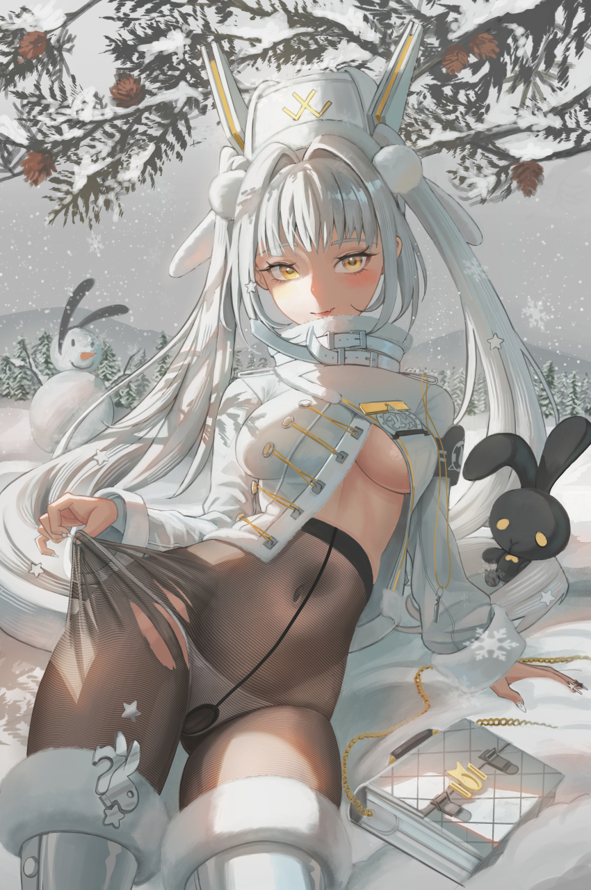 1girl absurdres black_pantyhose black_rabbit_(animal) blanc_(fortune_express)_(nikke) blanc_(nikke) boots breasts coat commentary english_commentary fur-trimmed_boots fur_trim goddess_of_victory:_nikke hat highres long_hair medium_breasts official_alternate_costume official_alternate_hairstyle panties panties_under_pantyhose pantyhose peaceterzero rabbit snowflakes snowing snowman solo tree twintails twitter_username underwear very_long_hair white_background white_boots white_coat white_hair white_hat white_panties winter_clothes winter_coat yellow_eyes