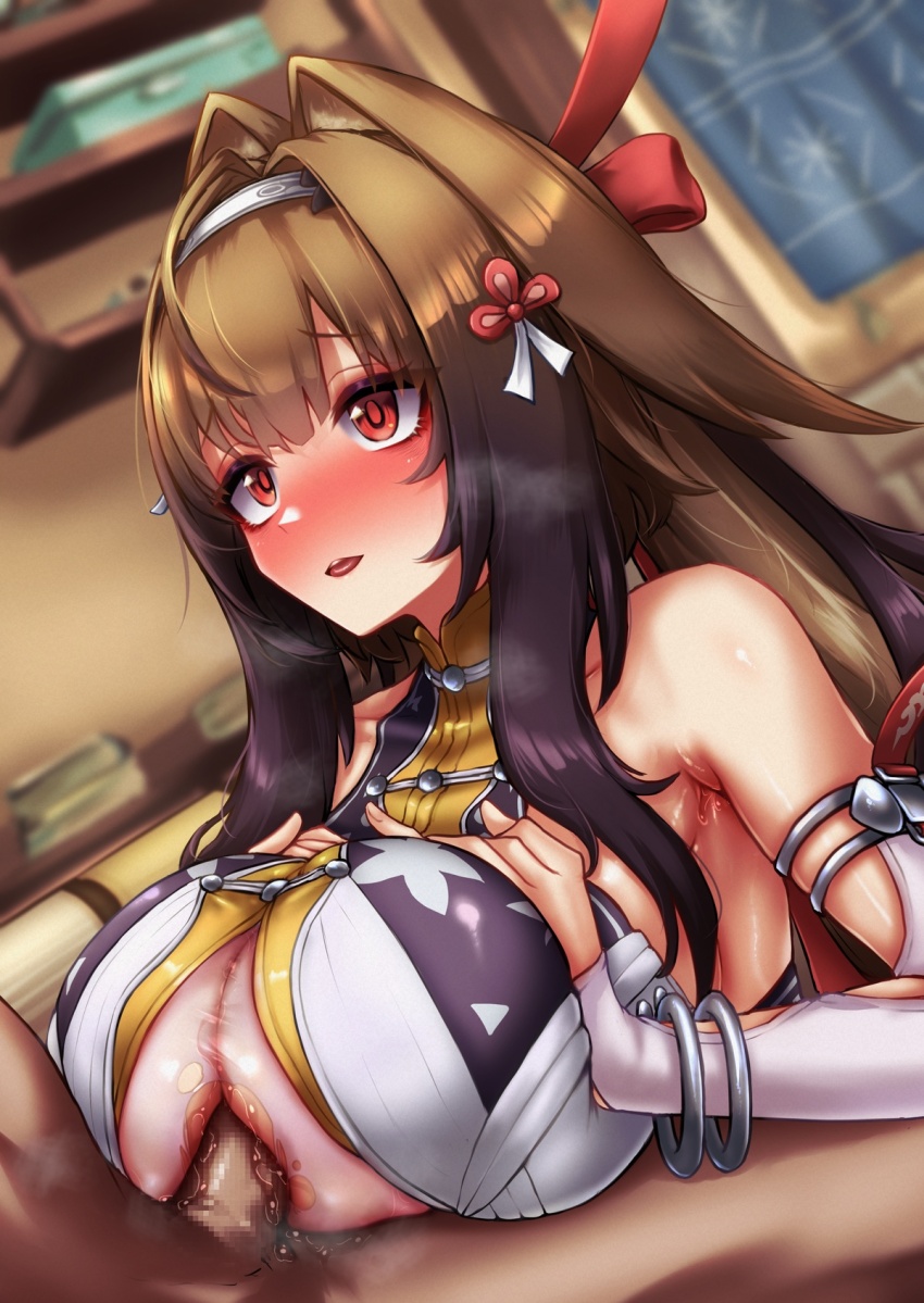 1boy 1girl armlet bare_shoulders blurry blurry_background bracelet breasts brown_hair byoushitsu_403 censored china_dress chinese_clothes clover clover_hair_ornament collarbone commentary_request dress droopy_ears grabbing_own_breast hair_intakes hair_ornament hairband heart hetero highres jewelry large_breasts long_hair looking_at_another metal_bracelet mosaic_censoring motion_lines open_mouth paid_reward_available paizuri penis red_eyes silver_armlet silver_bracelet spoken_heart suggestive_fluid sweat textless_version torn_clothes white_hairband ye_shunguang zenless_zone_zero