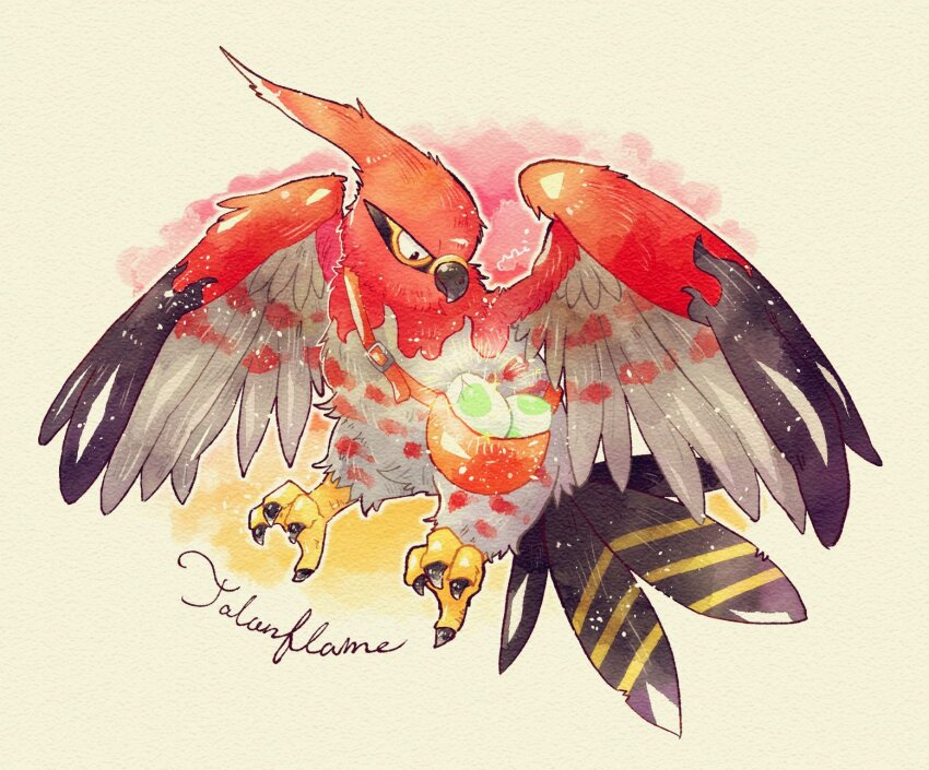 animal_focus beak bird black_eyes black_feathers character_name closed_mouth egg feathers flying full_body gen_6_pokemon grey_feathers highres looking_at_object miketoevecan nintendo no_humans pokemon pokemon_(creature) pokemon_egg pokemon_focus red_bag red_feathers simple_background solo talonflame talons yellow_background