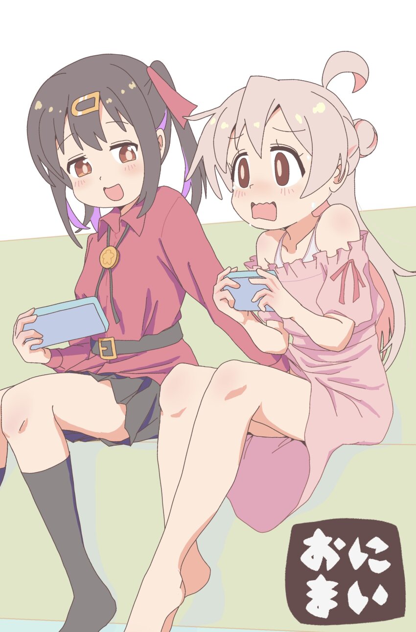 2girls :d absurdres ahoge bare_legs barefoot belt black_hair black_skirt black_socks blush bolo_tie brown_eyes commentary controller dress game_controller hair_bun hair_ornament hairclip highres holding holding_controller holding_game_controller incest jibijibipen kneehighs long_hair miniskirt multicolored_hair multiple_girls off-shoulder_dress off_shoulder onii-chan_wa_oshimai! open_mouth oyama_mahiro oyama_mihari pink_dress purple_hair red_shirt shirt short_sleeves siblings simple_background sisters sitting skirt smile socks twintails two-tone_hair very_long_hair wavy_mouth