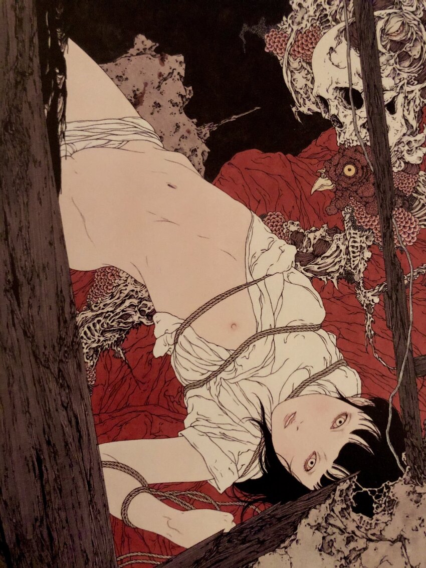 1girl acrylic_paint_(medium) bdsm bird black_hair breasts chicken commentary commentary_request dated_commentary english_commentary fine_art_parody highres looking_at_viewer mixed-language_commentary naked_shirt navel nihonga nipples original painting_(medium) parody pussy rooster shirt skeleton small_breasts solo traditional_media ukiyo-e upside-down white_shirt yamamoto_takato