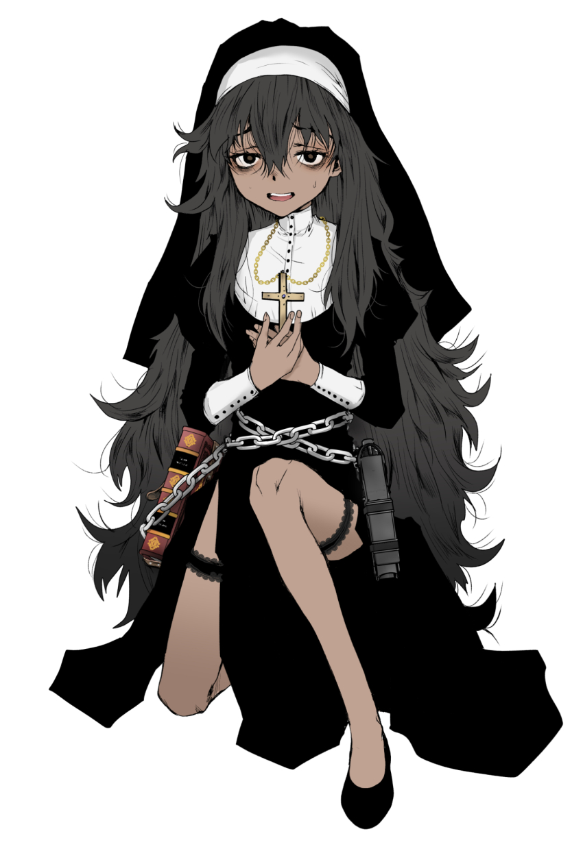 1girl bags_under_eyes black_dress black_hair book brown_hair chain commission dark-skinned_female dark_skin disheveled dress flat_chest full_body hair_between_eyes highres juliet_sleeves kneeling long_hair long_sleeves looking_at_viewer nun open_mouth original own_hands_together pixiv_commission puffy_sleeves rosary simple_background smile solo tamaoki_benkyou teeth thigh_strap upper_teeth_only very_long_hair white_background