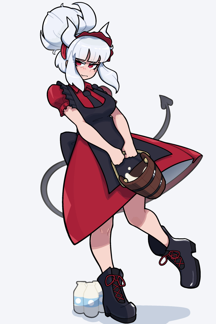 1girl absurdres apron black_apron black_footwear bucket demon demon_girl demon_horns demon_tail dress helltaker highres holding holding_bucket horns lucifer_(helltaker) maid_apron mole mole_under_eye muds red_dress red_eyes standing standing_on_one_leg tail white_background white_hair white_horns