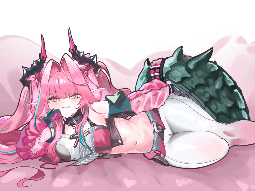 1girl arknights arknights:_endfield bare_shoulders commentary crop_top dragon_girl dragon_horns dragon_tail english_commentary gloves hair_intakes highres horns junho long_hair looking_at_viewer lying multicolored_eyes multicolored_hair on_side pants pink_hair pointy_ears solo streaked_hair tail tight_clothes tight_pants twintails two-tone_eyes yvonne_(arknights)
