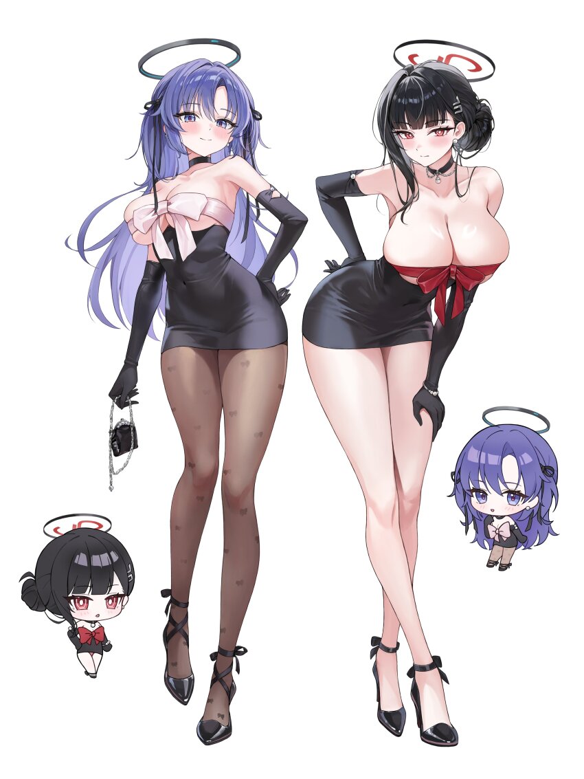 2girls absurdres alternate_costume alternate_hairstyle arm_behind_back bare_shoulders black_choker black_dress black_gloves black_hair black_shoes blue_archive breasts brown_pantyhose chibi choker closed_mouth commentary_request dress elbow_gloves full_body gloves hair_behind_ear halo hand_on_own_thigh high_heels highres large_breasts leaning_forward long_hair looking_at_viewer mii_ee2 multiple_girls multiple_views pantyhose print_pantyhose purple_hair red_eyes rio_(blue_archive) shoes simple_background smile standing white_background yuuka_(blue_archive)