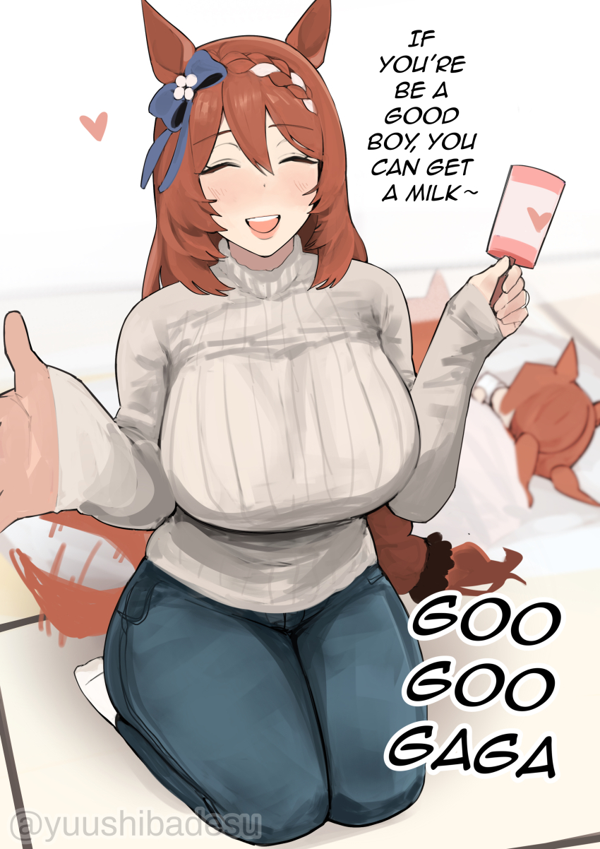 3girls absurdres animal_ears blue_bow blue_pants blush bow braid breasts brown_hair closed_eyes commentary ear_bow english_commentary english_text facing_viewer futon hair_between_eyes heart highres holding holding_rattle horse_ears horse_girl horse_tail large_breasts long_hair multicolored_hair multiple_girls open_mouth pants rattle reaching reaching_towards_viewer ribbed_sweater seiza sitting smile socks speech_bubble streaked_hair super_creek_(umamusume) sweater tail tail_wagging umamusume very_long_hair white_hair white_socks white_sweater yuushiba