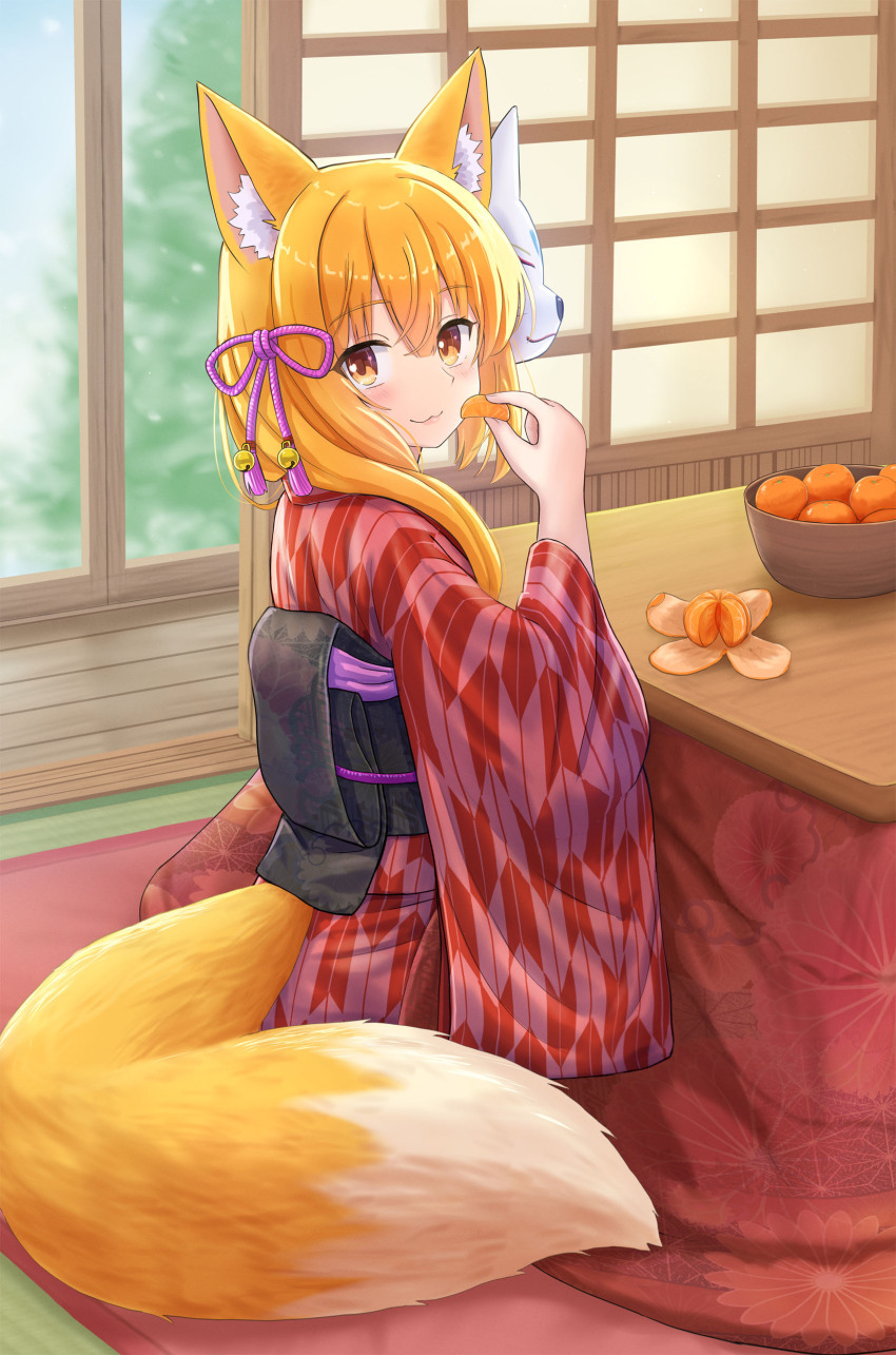 1girl absurdres animal_ears blue_sky bowl closed_mouth commentary_request day food fox_ears fox_girl fox_mask fox_tail fruit hand_up highres holding holding_food indoors iroha_(iroha_matsurika) japanese_clothes kimono kohaku_(iroha_(iroha_matsurika)) kotatsu long_sleeves looking_at_viewer looking_to_the_side mandarin_orange mask mask_on_head obi original print_kimono sash sitting sky smile solo table tail wide_sleeves yagasuri