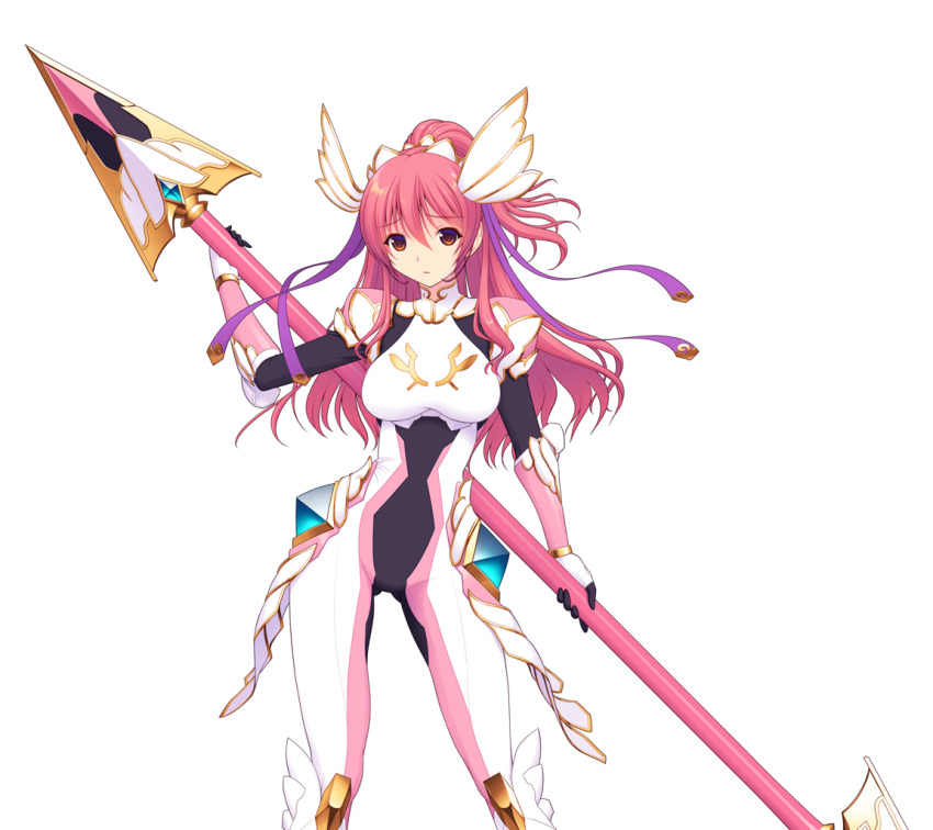 1girl armor bodysuit breasts contrapposto en_ciel_rena en_ciel_rena_(aegis) game_cg gloves hair_ornament hair_ribbon high_ponytail holding holding_weapon kourin_tenshi_en_ciel_rena large_variant_set long_hair looking_at_viewer magical_girl non-web_source official_art pink_hair polearm ponytail red_eyes red_hair ribbon saitou_natsuki solo spear standing suhamaya tomoe_rena transparent_background variant_set weapon