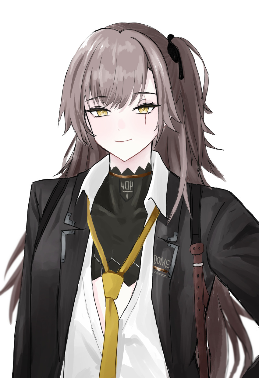 1girl absurdres collared_shirt commentary_request formal_clothes girls'_frontline girls'_frontline_2:_exilium hadari_(eve_future_00) hair_between_eyes highres jacket leva_(girls'_frontline_2) long_hair long_sleeves loose_necktie necktie partial_bodysuit partially_unbuttoned scar scar_across_eye scar_on_face shirt smile suit ump45_(girls'_frontline) white_shirt wing_collar yellow_necktie