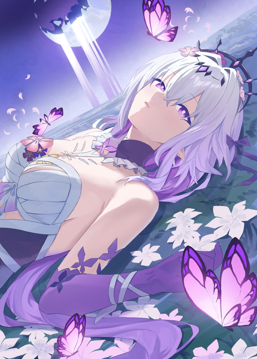 1girl absurdres bare_shoulders breasts bug butterfly castorice_(honkai:_star_rail) cleavage colored_inner_hair commentary_request evening_rabbit flower grey_hair hair_between_eyes hair_flower hair_intakes hair_ornament highres honkai:_star_rail honkai_(series) insect long_hair lying medium_breasts multicolored_hair on_back open_mouth purple_butterfly purple_eyes purple_flower purple_hair solo very_long_hair white_flower