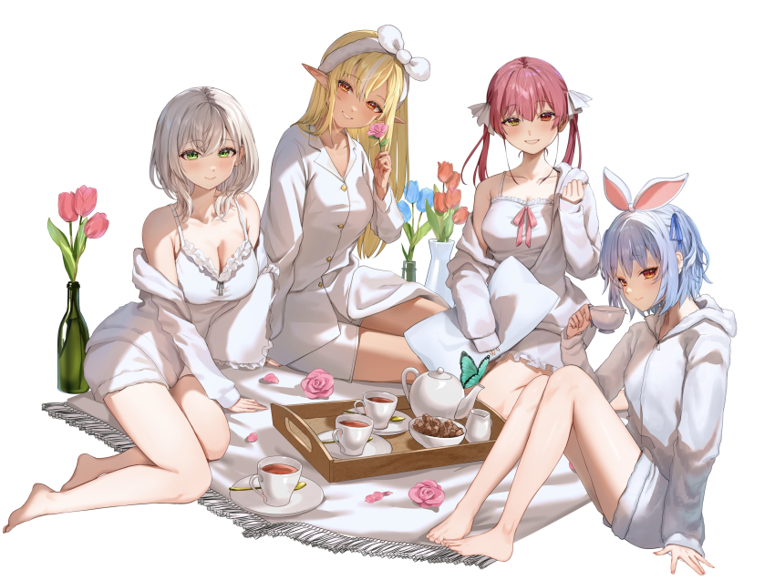 4girls absurdres animal_ears barefoot blonde_hair blue_hair bottle breasts camisole cleavage commentary_request cup dark_elf elf feet flower green_eyes grey_hair group_picture heterochromia highres holding holding_cup hololive hololive_fantasy hood hooded_jacket houshou_marine jacket large_breasts long_hair monokawa_(iurl1z) multiple_girls picnic pointy_ears rabbit_ears rabbit_girl red_eyes red_flower red_hair shiranui_flare shirogane_noel shirt short_hair shorts toes twintails usada_pekora virtual_youtuber white_camisole white_jacket white_shirt white_shorts yellow_eyes